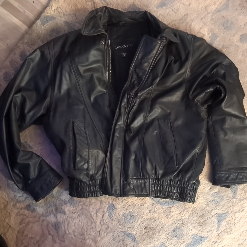 London Fog Mens Leather Coat Black Leather Size M